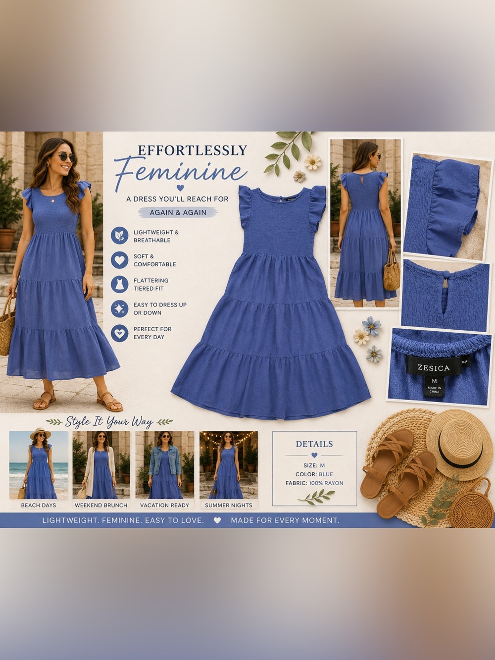 ZESICA Blue Smocked Tiered Midi Dress Puff Sleeve Cottagecore Boho Size Medium